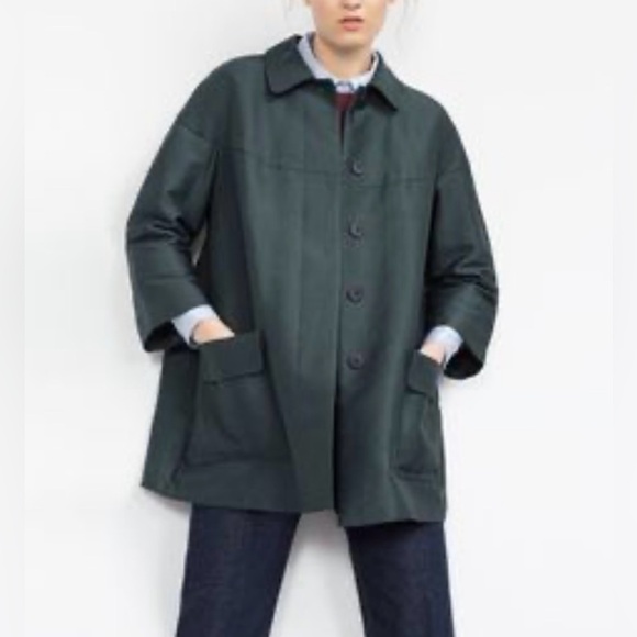 Zara Mid Length Green Oversized Button Trench Coat Jacket Size S - Picture 1 of 12
